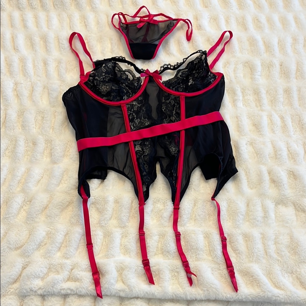Adore Me Black and Pink Lace and Mesh Corset with Strappy Details and Thong